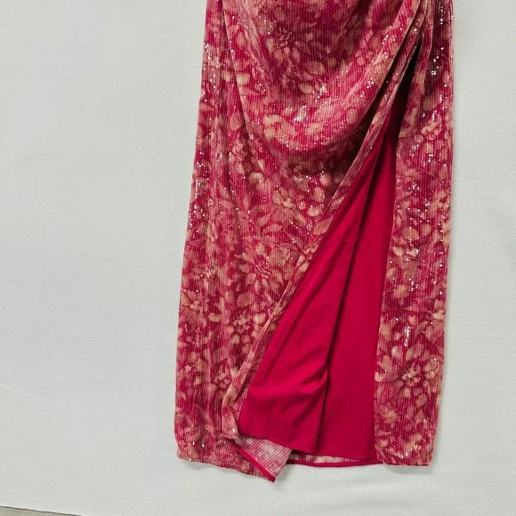 Hutch X Anthropology Maxi Dress Sz 4 Luxe Pink Floral Sequin Ruched Gown  Formal
